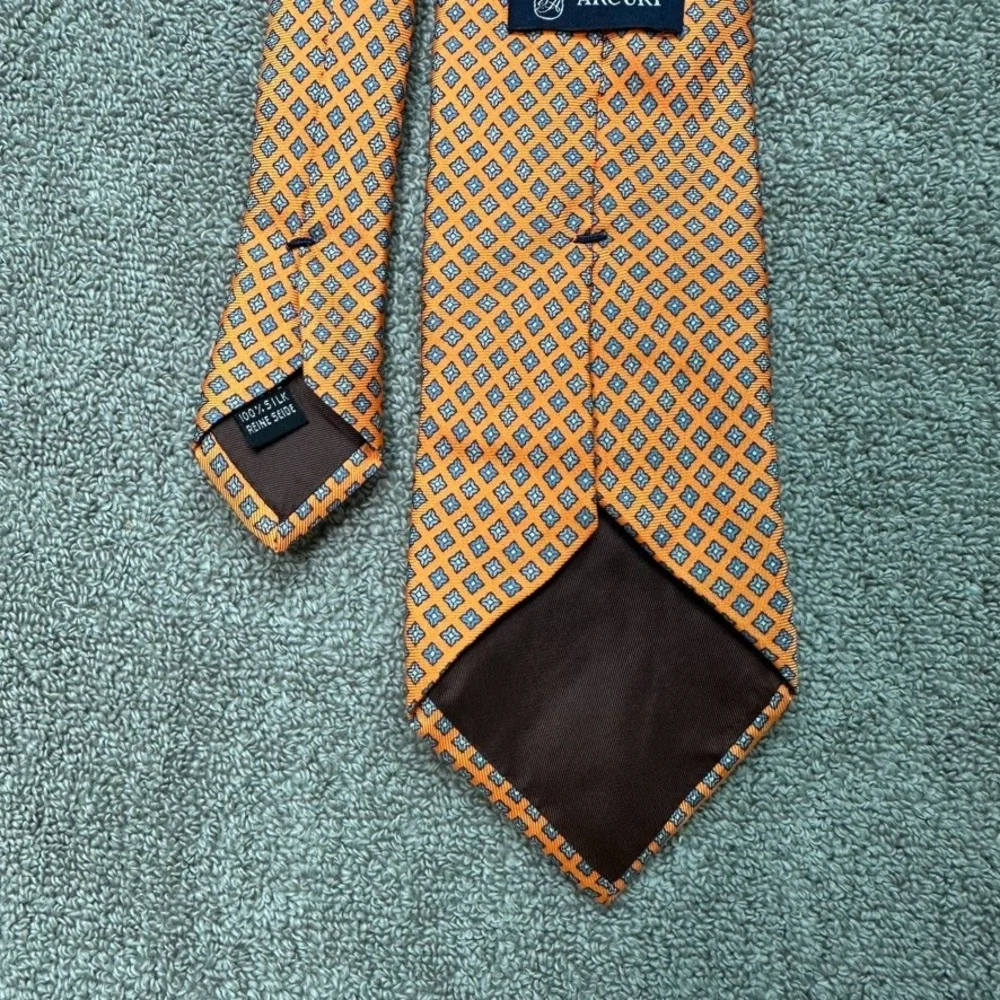 Arcuri Silk Tie Orange Blue Geometric Medallion Pattern Mens Necktie Italy